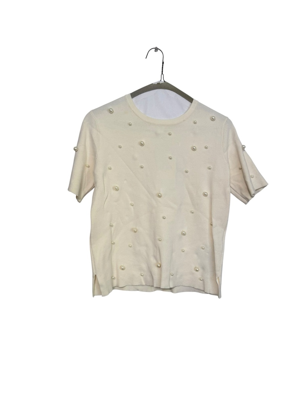 Zara Ivory Pearl-Accent Short Sleeve Sweater